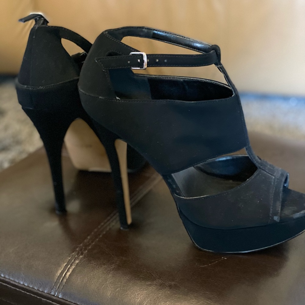 Aldo Black Suede Peep Toe Heels with Ankle Strap